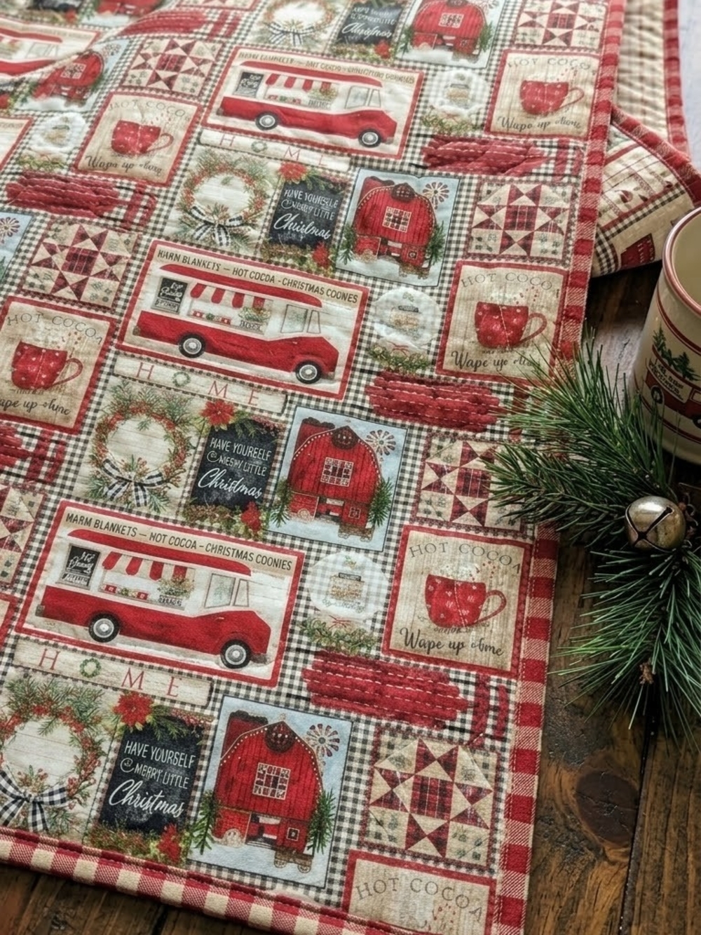 Vintage Farmhouse Christmas Quilted Table Runner / Small Quilt
